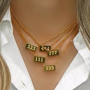NEW 18K GOLD SQUARE PLATE ANGEL NUMBER NECKLACE